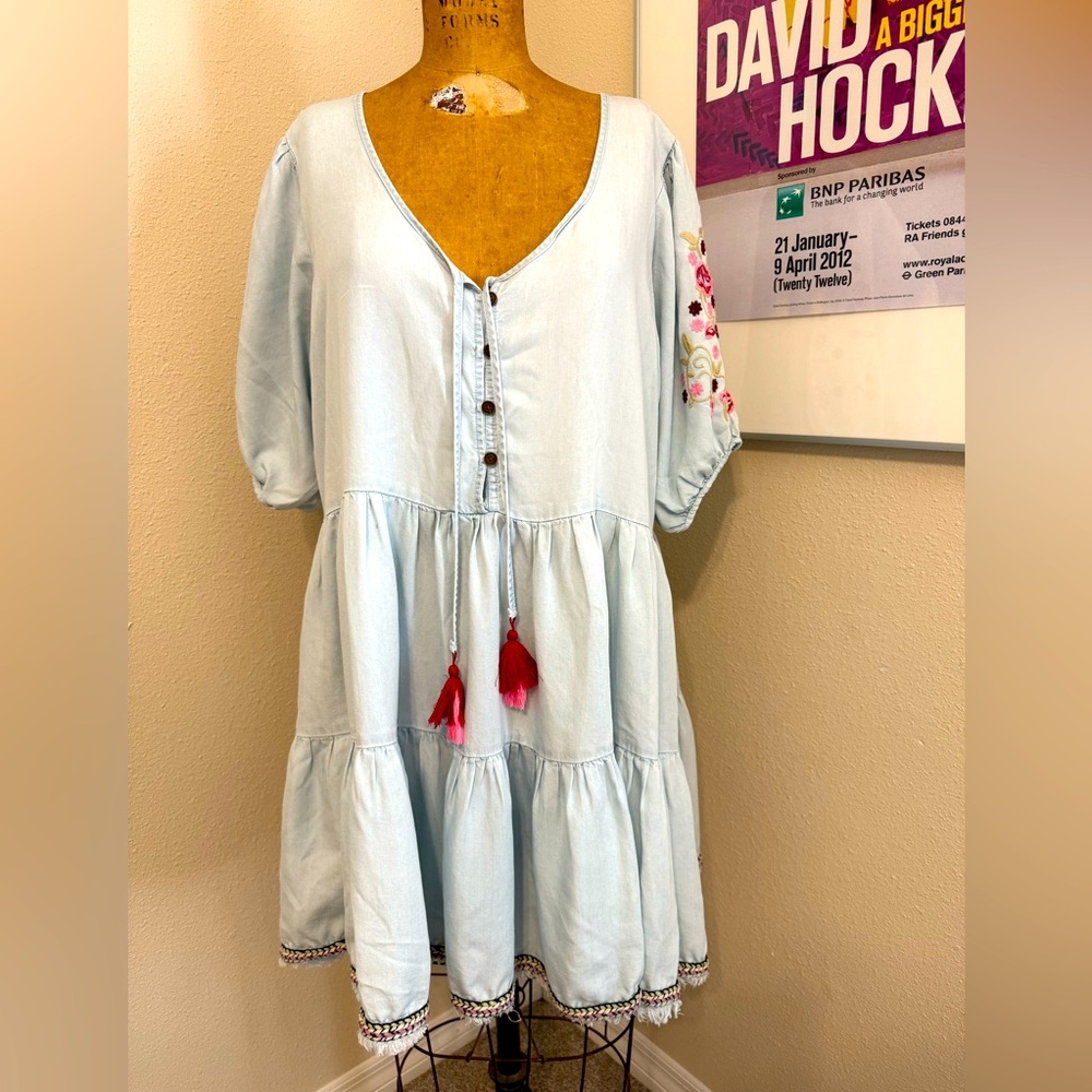 Chelsea & Violet Chambray Embroidered Mini Dress
Size XL
Color Lightest Blue